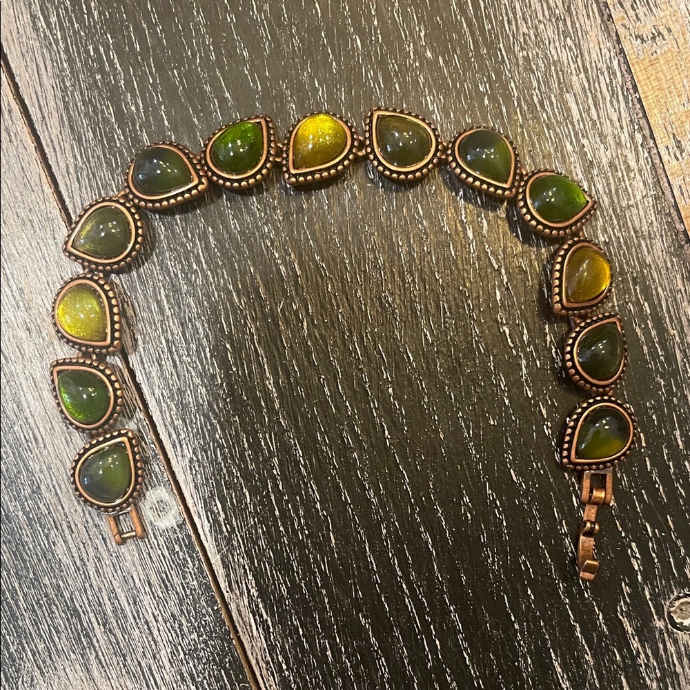 Bracelet Link Varied Green Luminescent Insets in Copper Colored Metal